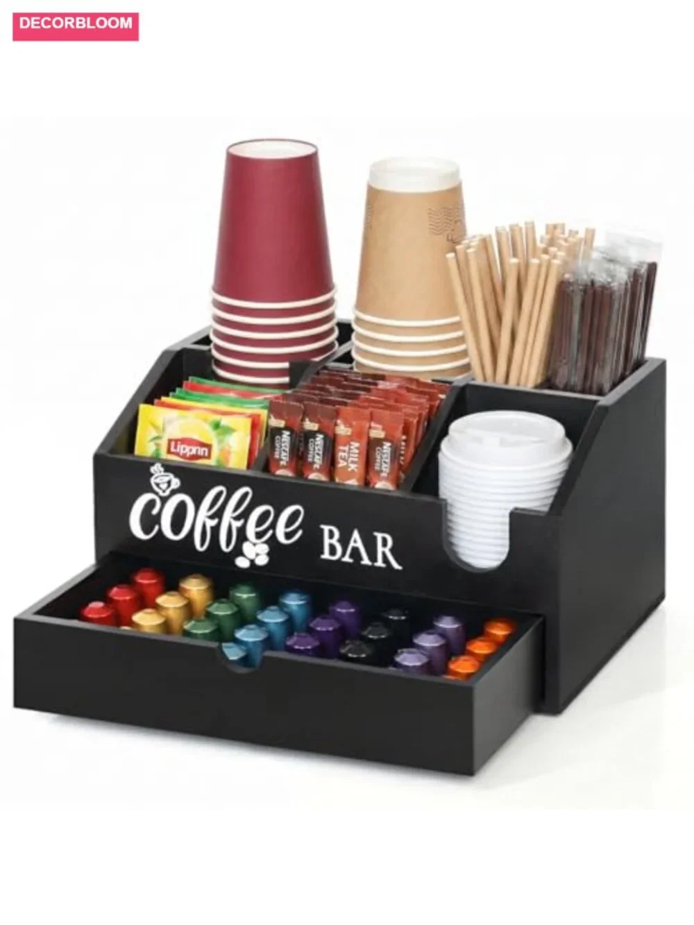 Wooden Coffee Station Organizer with Drawer and 7 Compartments, Rustic Coffee